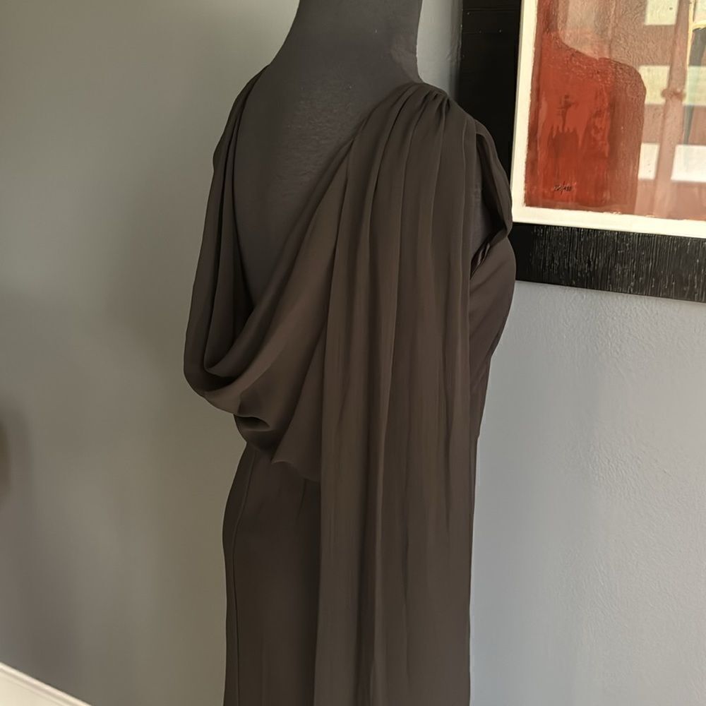 DKNY black chiffon sweetheart neckline sheer gathered shoulder draped back maxi - Picture 5 of 8